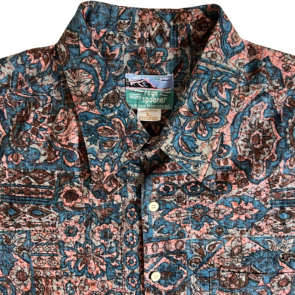 Reyn Spooner Mens Large Blue Pink Paisley Floral Batik Hawaiian Button Shirt L